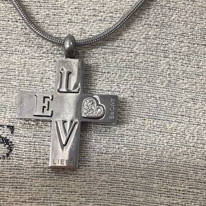 LOVE Cross Stainless Steel w/ Stainless Extender Chain & Rhinestone heart. Sweet